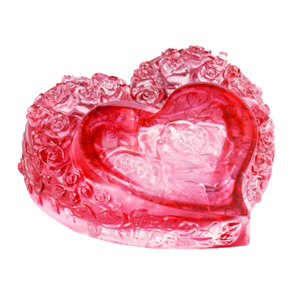 LIULI Crystal Art Crystal Paperweight, Rose, Heart Shape, "Reflecting the Flower Within Your Heart"