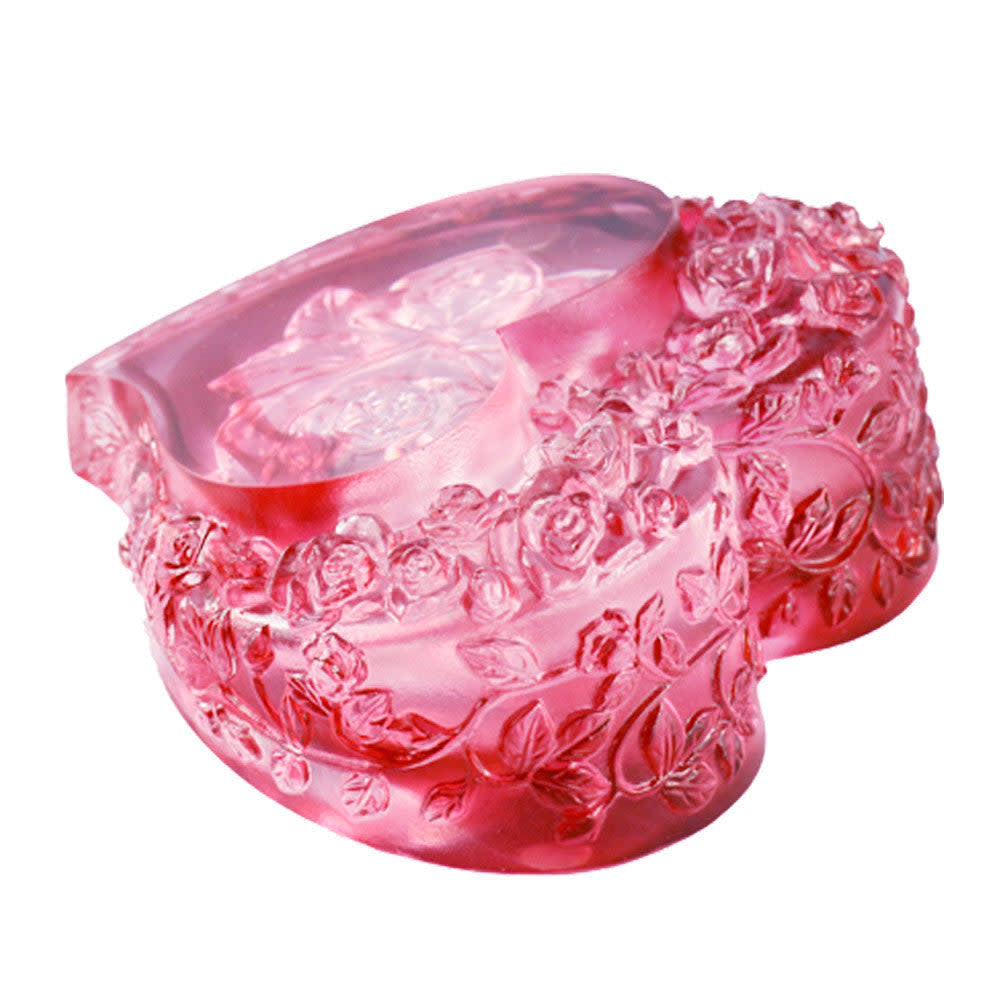 LIULI Crystal Art Crystal Paperweight, Rose, Heart Shape, "Reflecting the Flower Within Your Heart"