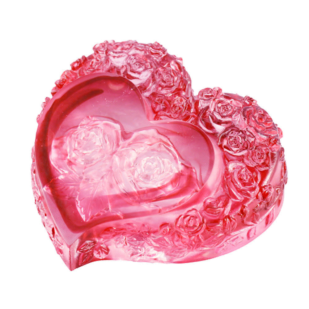 LIULI Crystal Art Crystal Paperweight, Rose, Heart Shape, "Reflecting the Flower Within Your Heart"