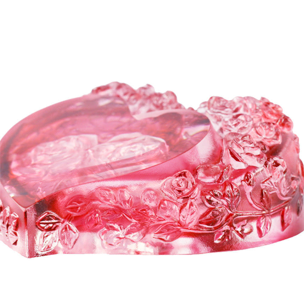 LIULI Crystal Art Crystal Paperweight, Rose, Heart Shape, "Reflecting the Flower Within Your Heart"