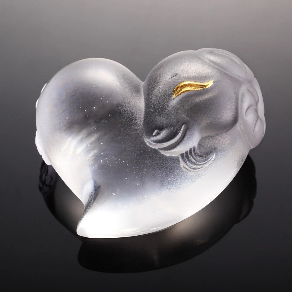 LIULI Crystal Art Crystal Heart-Shaped "Its Star, Its Heart" Sheep Paperweight in Powder White & 24K Gold Leaf (Limited Edition)