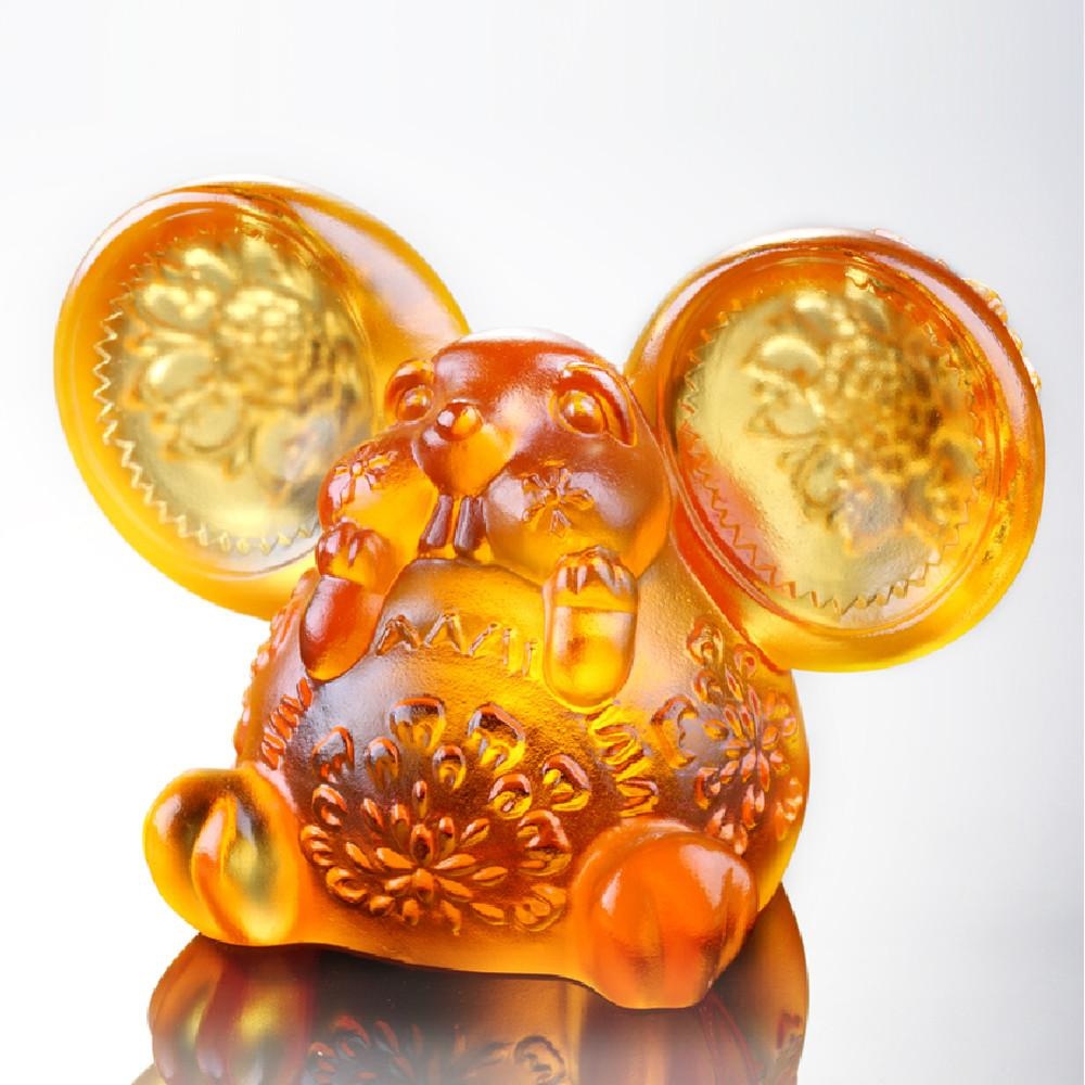 LIULI Crystal Art Crystal Year of the Rat "Come Fortune" Chinese Zodiac Mouse Figurine in Amber (Limited Edition)