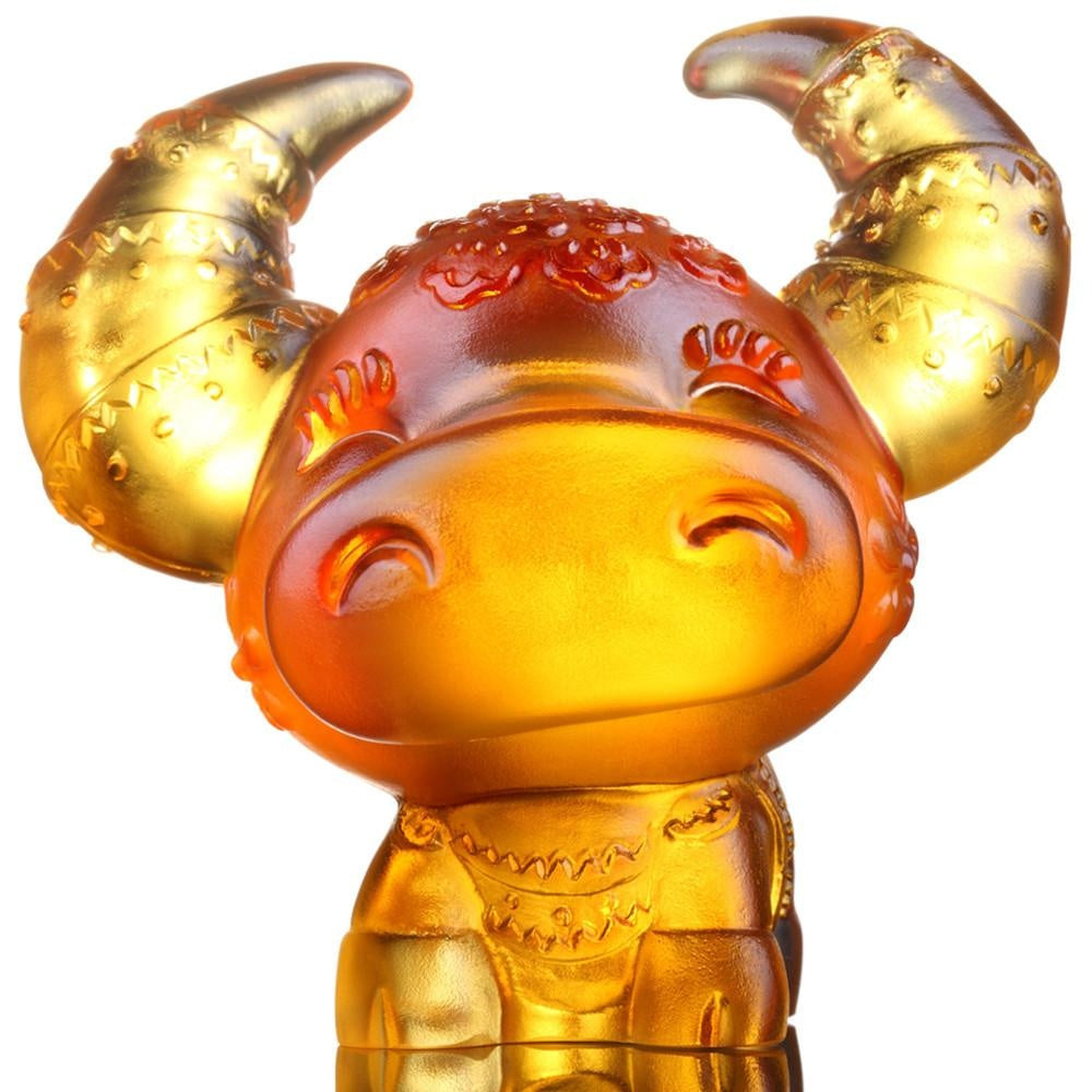 LIULI Crystal Art Crystal Year of the Ox "Horned Fortune" Chinese Zodiac Figurine in Light Amber (Limited Edition)