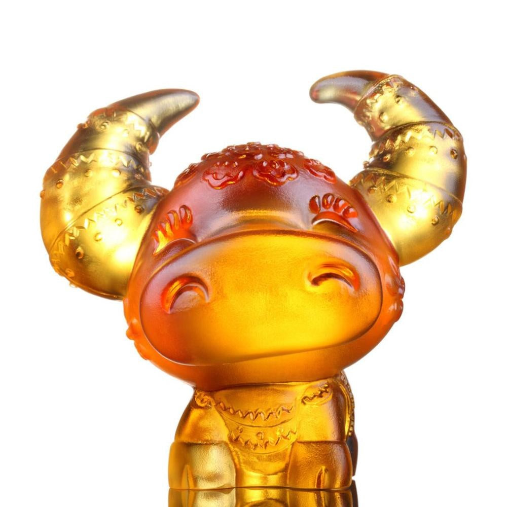 LIULI Crystal Art Crystal Year of the Ox "Horned Fortune" Chinese Zodiac Figurine in Light Amber (Limited Edition)