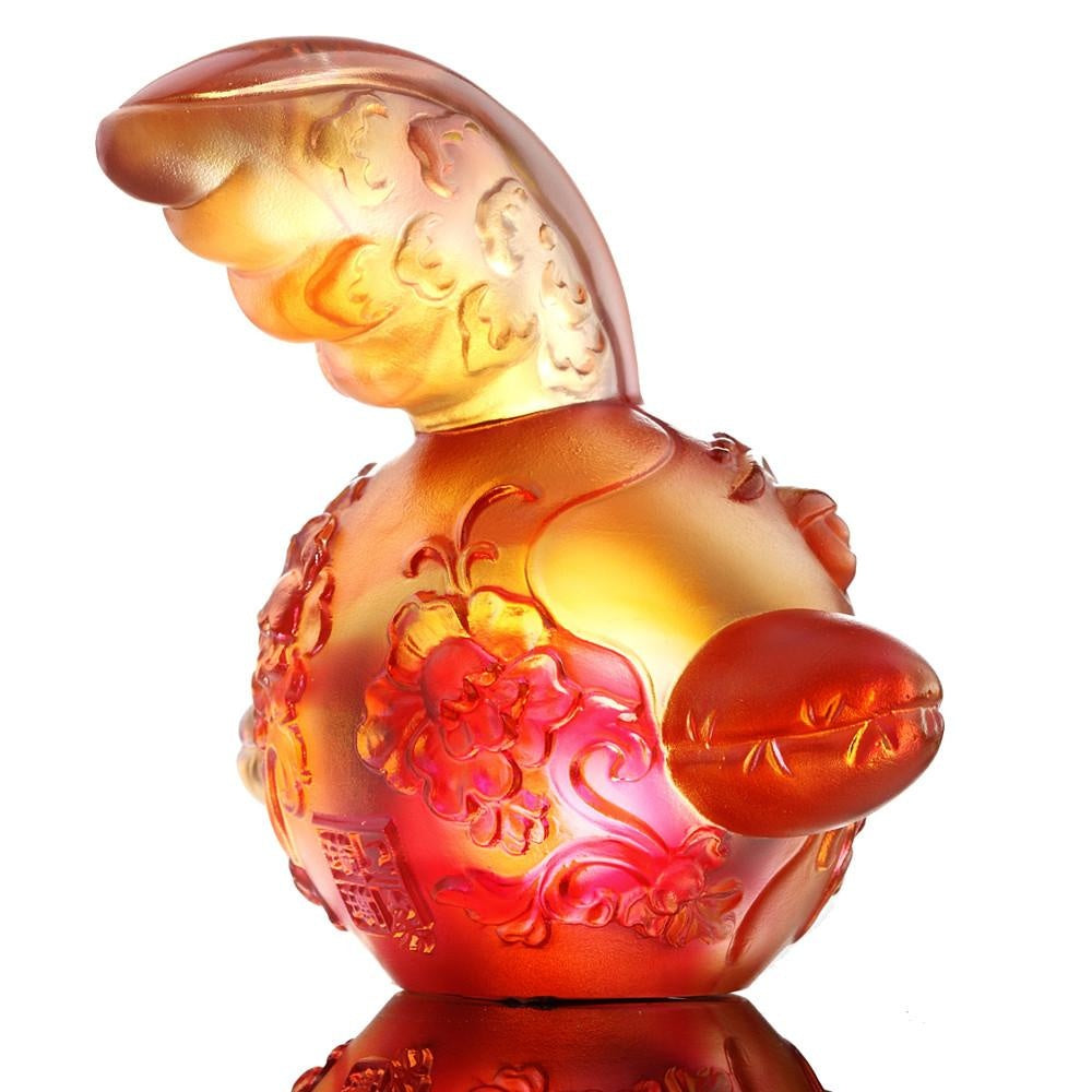 LIULI Crystal Art Crystal Year of the Rooster "The First Call" Chinese Zodiac Figurine in Amber/Gold Red (Limited Edition)