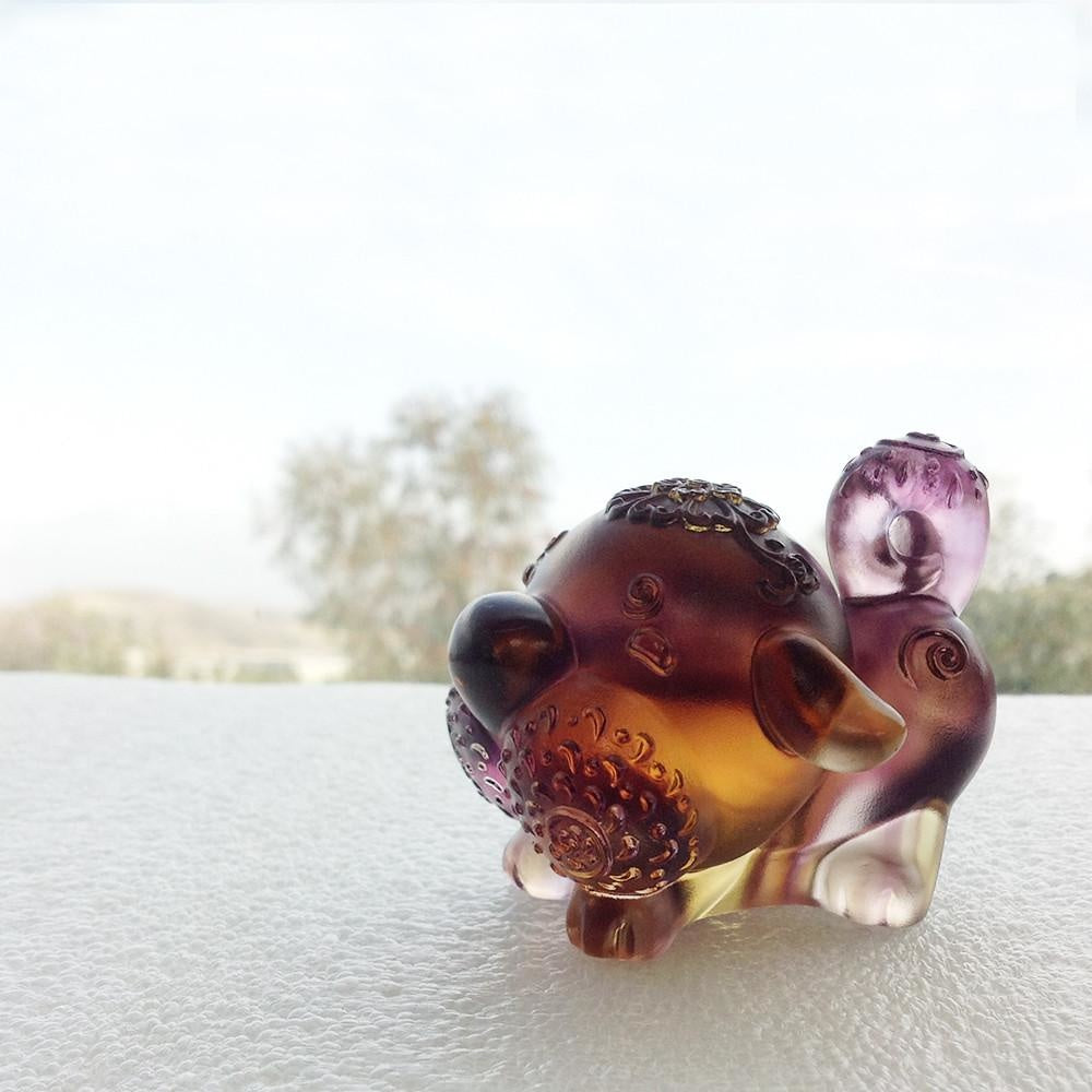 LIULI Crystal Art Crystal Year of the Dog "Prosperity Comes Along" Chinese Zodiac Figurine, Amber/Purple Clear (Limited Edition)