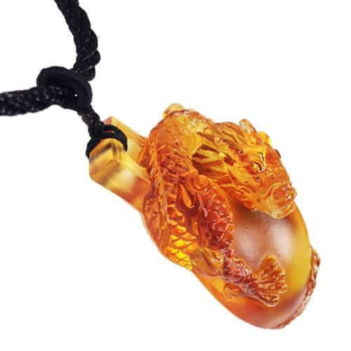 LIULI Crystal Art Crystal "The Sun Shines on the Dragon Within" Pendant Necklace in Amber (Limited Edition)