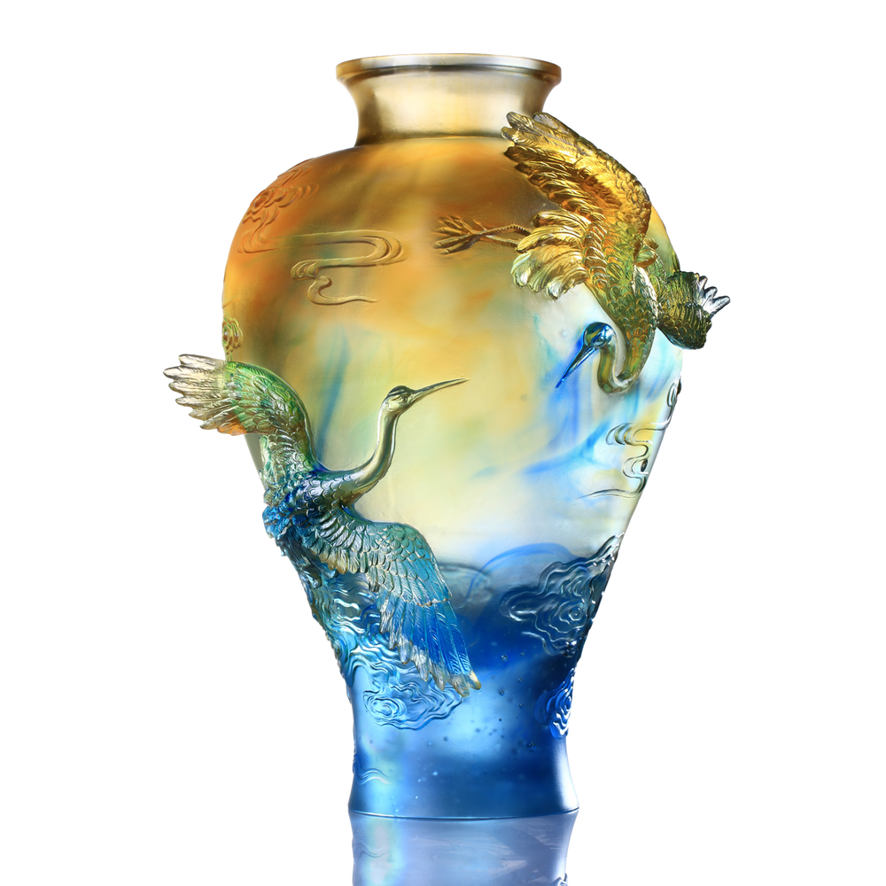 LIULI Crystal Art Crystal Floral Vase, Crane, "Flight of Legacy"