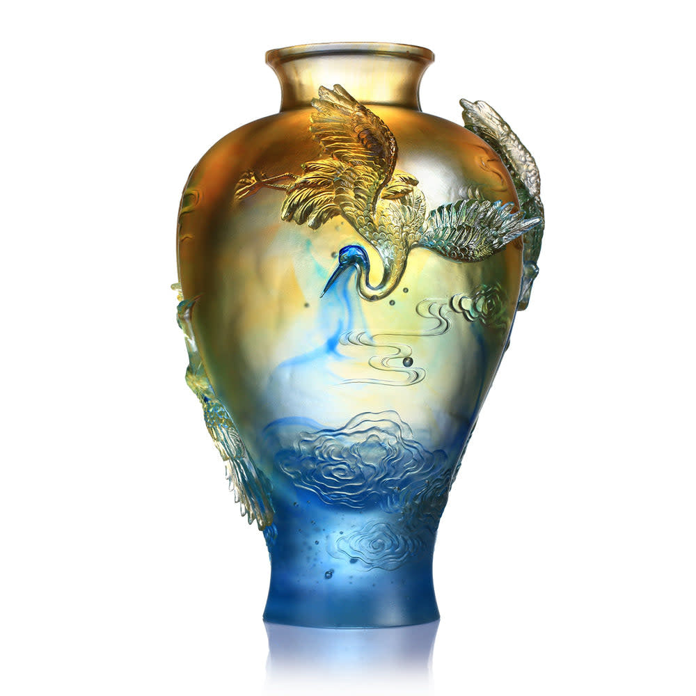LIULI Crystal Art Crystal Floral Vase, Crane, "Flight of Legacy"