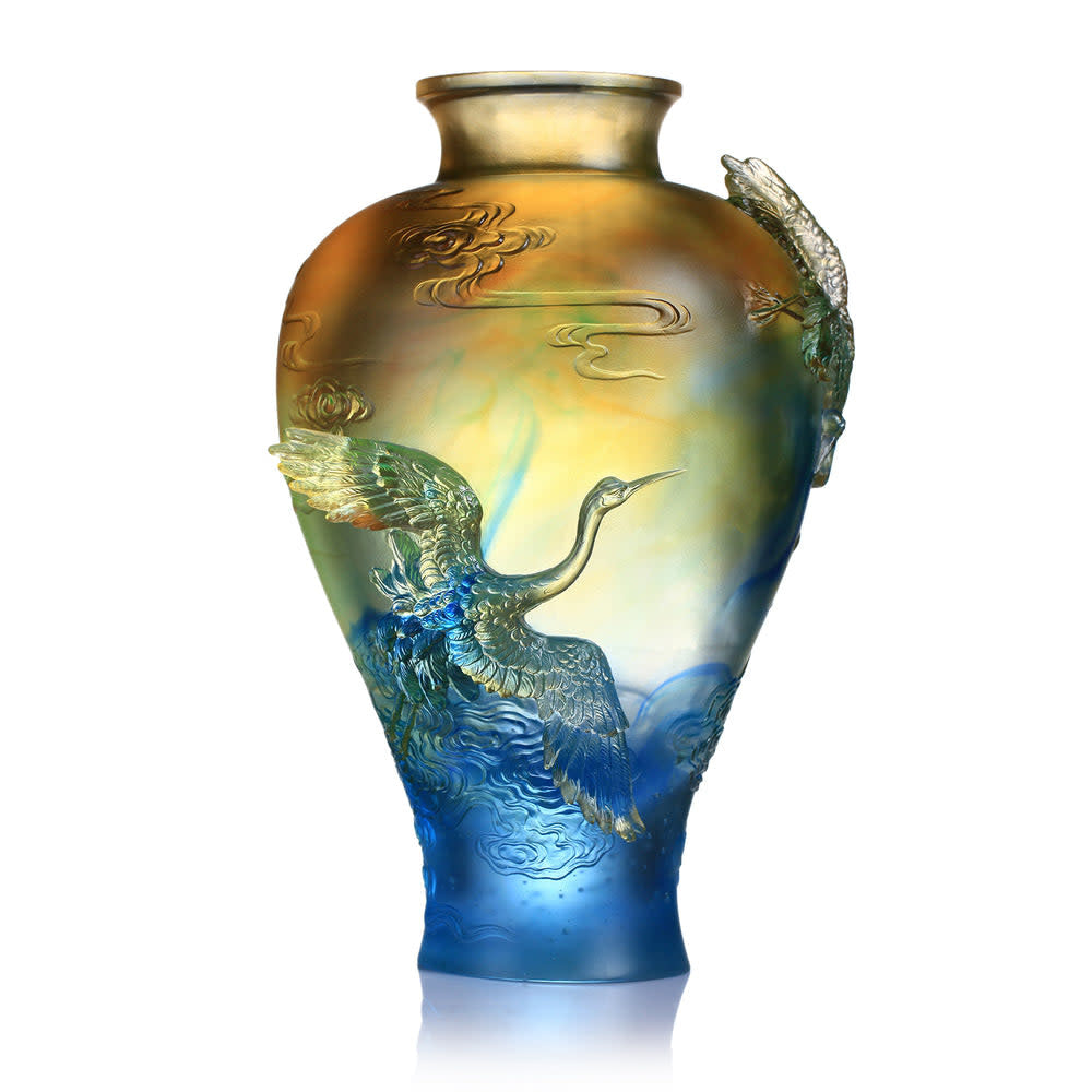 LIULI Crystal Art Crystal Floral Vase, Crane, "Flight of Legacy"