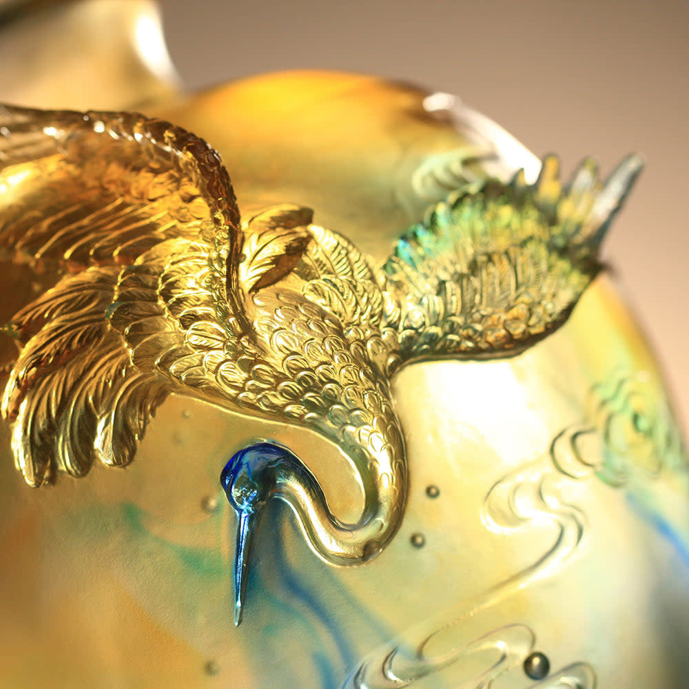 LIULI Crystal Art Crystal Floral Vase, Crane, "Flight of Legacy"