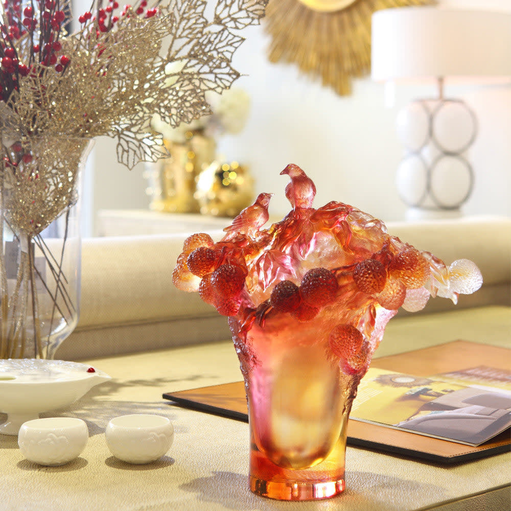 LIULI Crystal Art Crystal Floral Vase, Magpie, Crimson Delights
