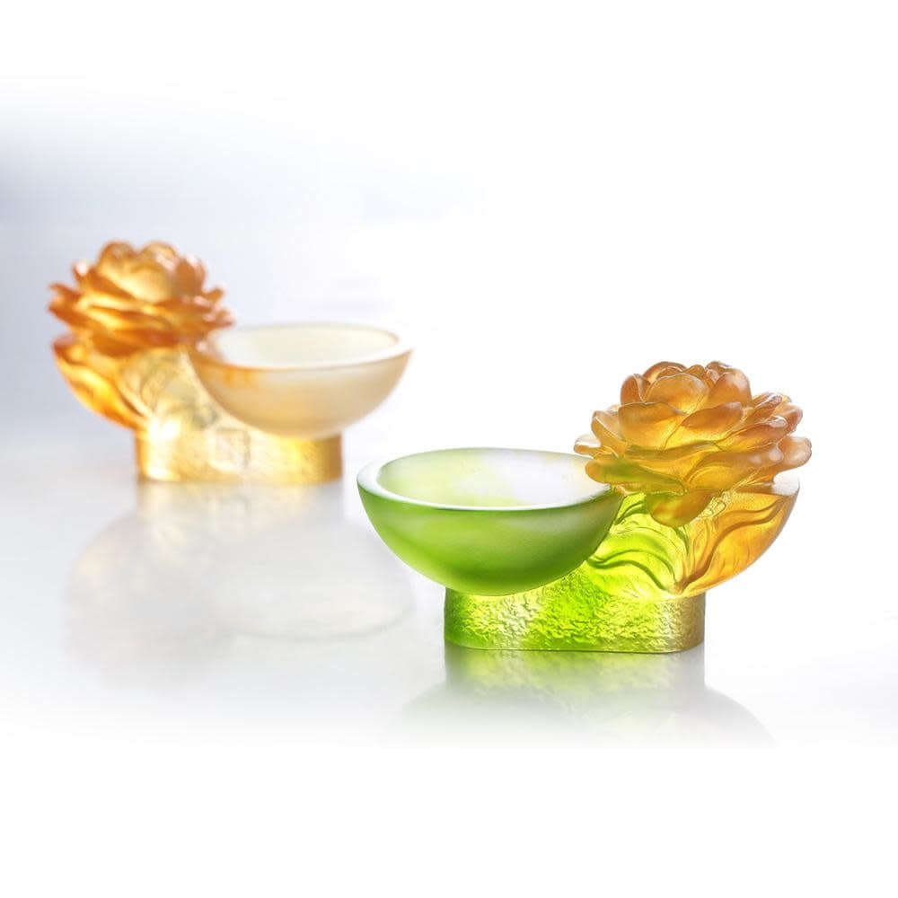 LIULI Crystal Art Crystal Camellia Bloom "Destined Harmony" Limited Edition in Amber & Green