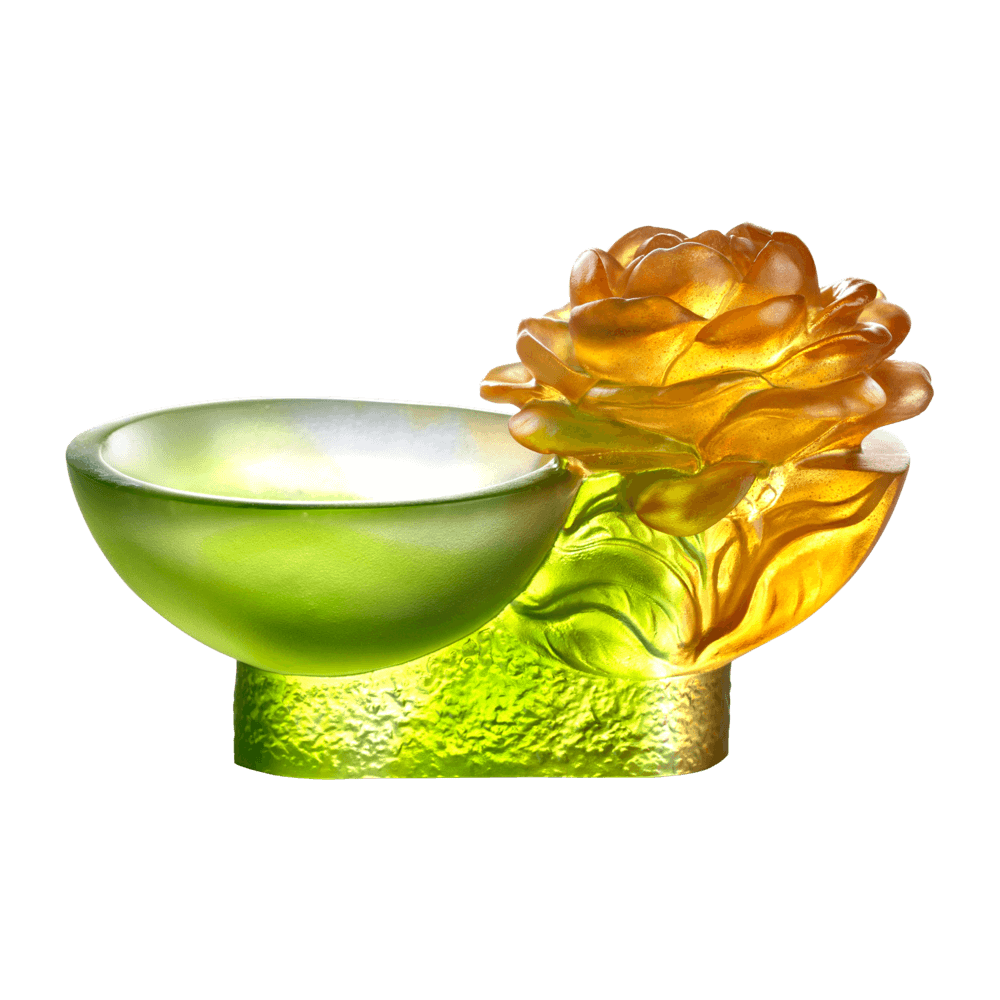 LIULI Crystal Art Crystal Camellia Bloom "Destined Harmony" Limited Edition in Amber & Green