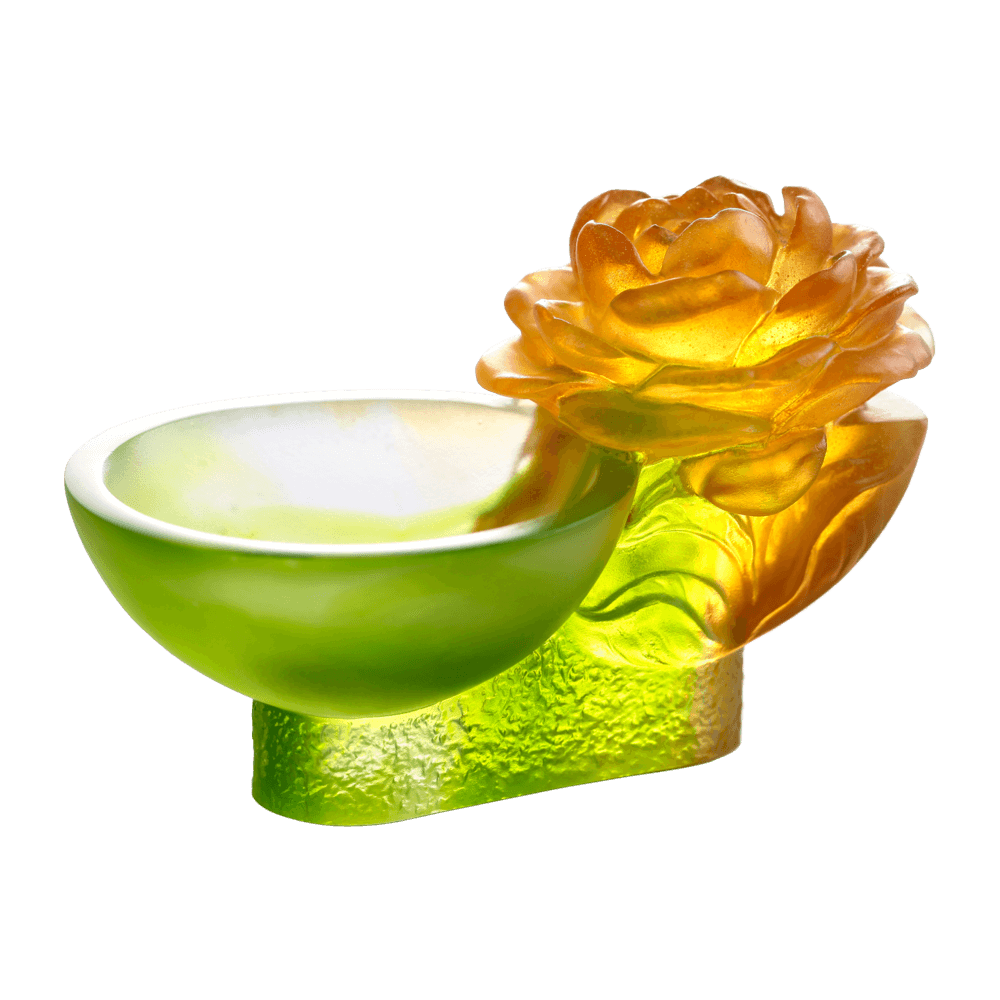 LIULI Crystal Art Crystal Camellia Bloom "Destined Harmony" Limited Edition in Amber & Green