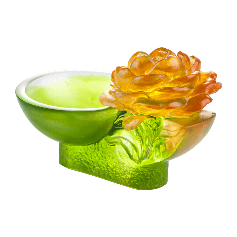 LIULI Crystal Art Crystal Camellia Bloom "Destined Harmony" Limited Edition in Amber & Green