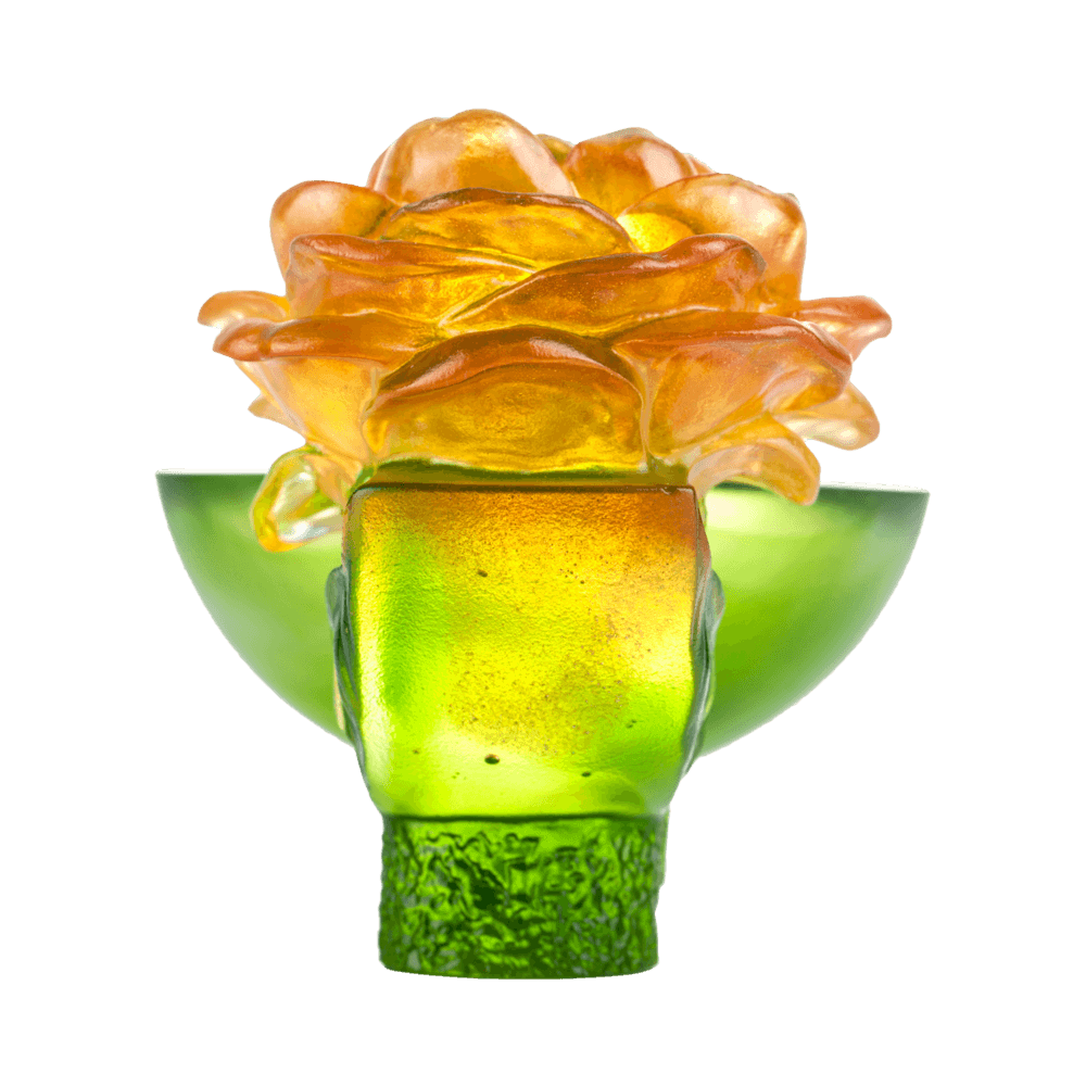 LIULI Crystal Art Crystal Camellia Bloom "Destined Harmony" Limited Edition in Amber & Green