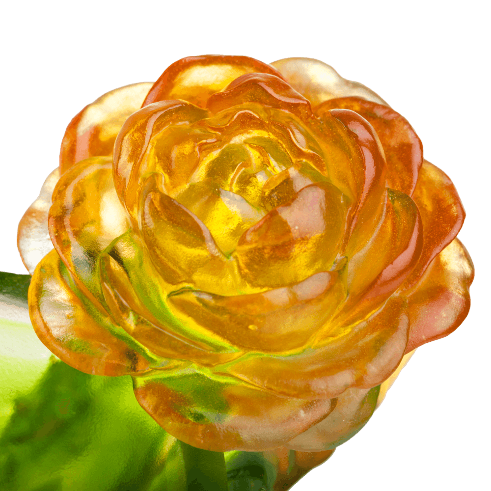 LIULI Crystal Art Crystal Camellia Bloom "Destined Harmony" Limited Edition in Amber & Green