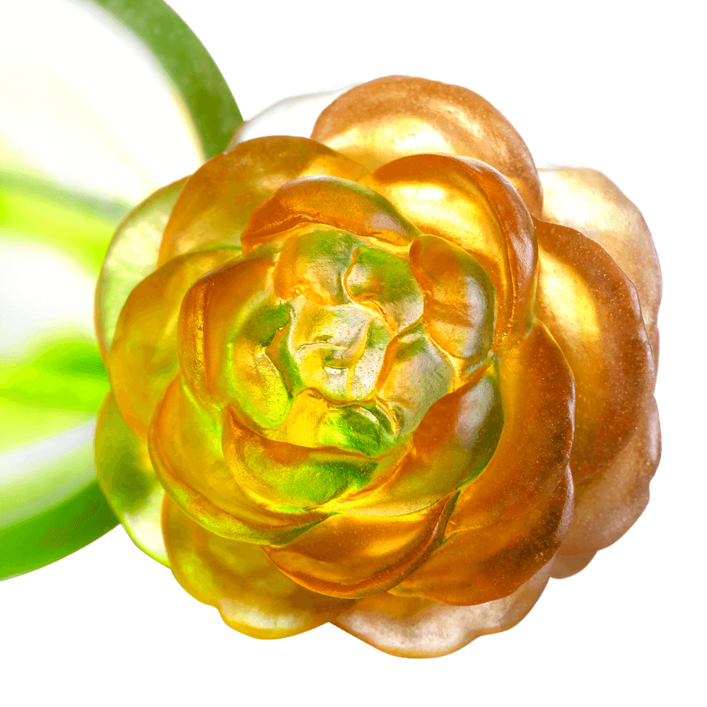 LIULI Crystal Art Crystal Camellia Bloom "Destined Harmony" Limited Edition in Amber & Green