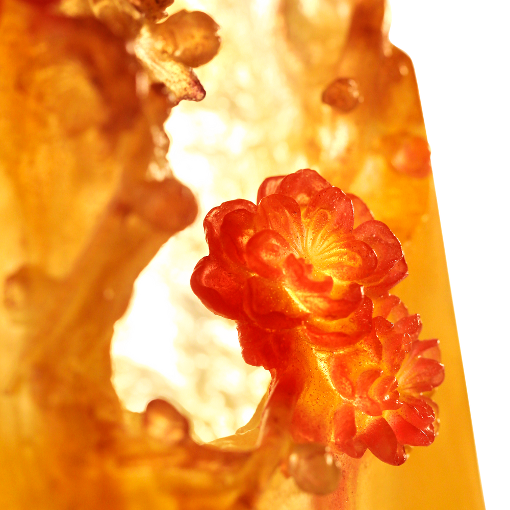 LIULI Crystal Art Crystal Flower, Peach, "Mountain in Crimson Bloom"