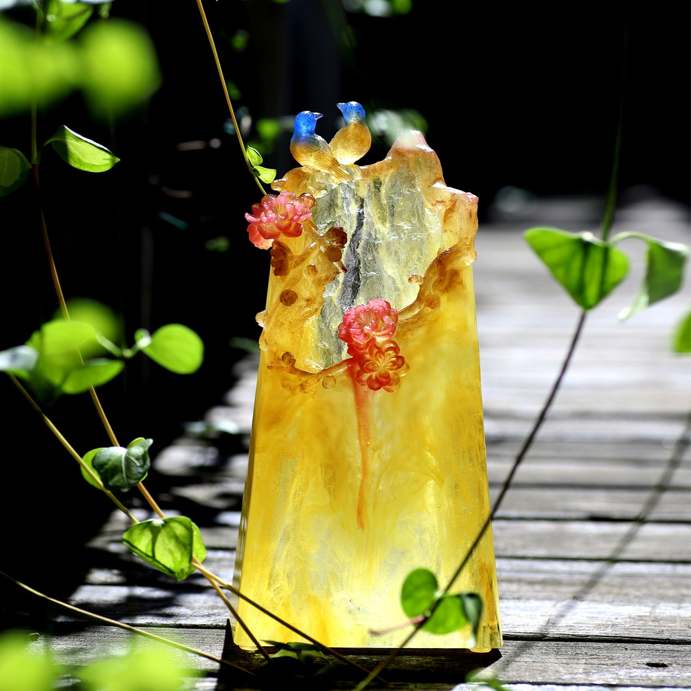 LIULI Crystal Art Crystal Flower, Peach, "Mountain in Crimson Bloom"