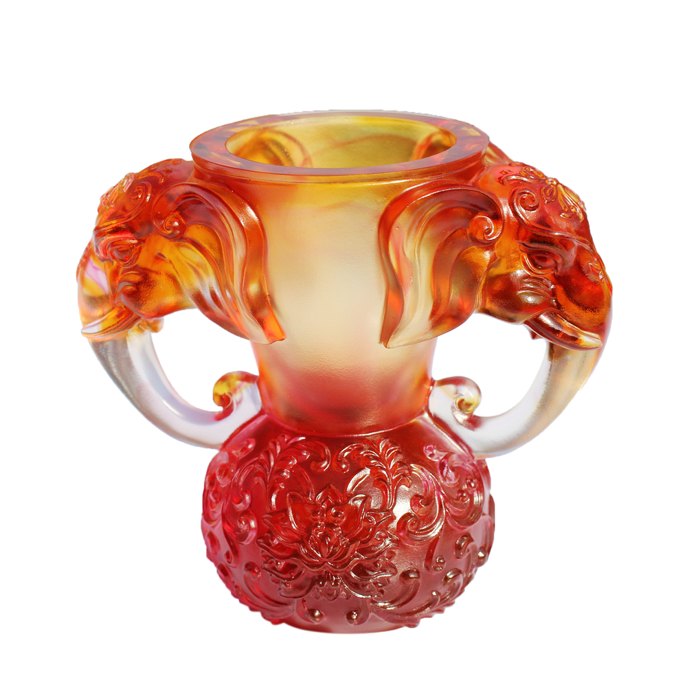 LIULI Crystal Art Crystal Elephant, "Full of Prosperity and Honor Around" - Amber/Red