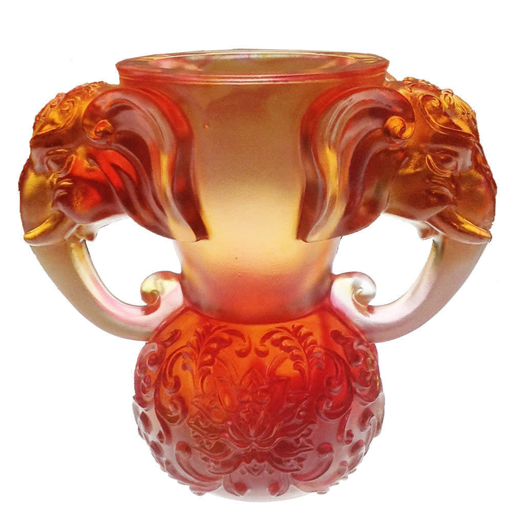 LIULI Crystal Art Crystal Elephant, "Full of Prosperity and Honor Around" - Amber/Red