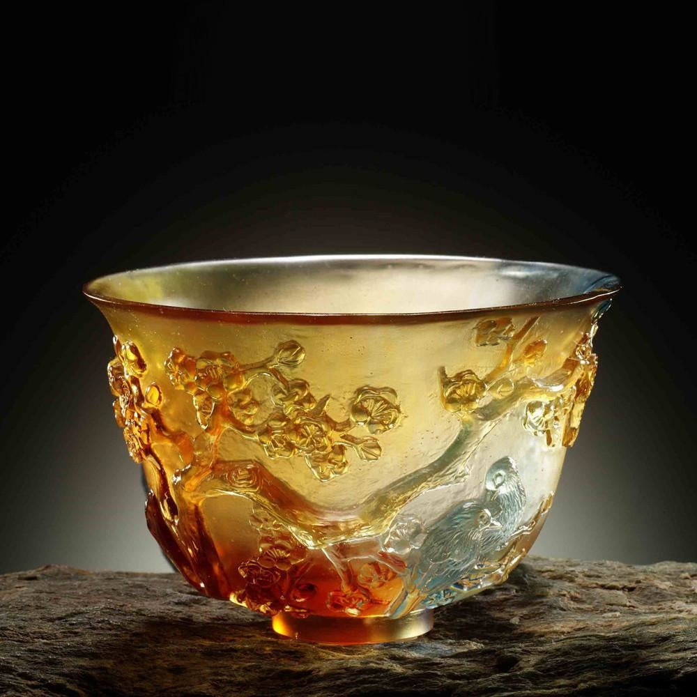 LIULI Crystal Art Crystal Plum Blossom Bowl, The Four Gentlemen-The Plum Gentleman, Amber/Sky Blue (Limited Edition)