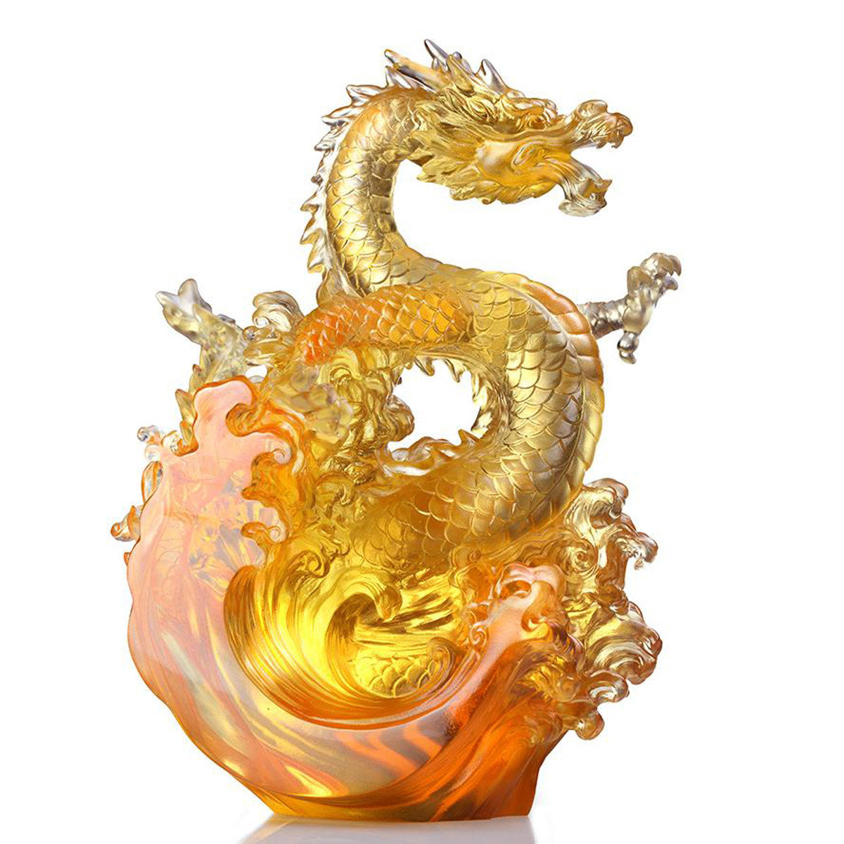LIULI Crystal Art LIULI Crystal Dragon, Ocean Wave, Dragon of Excellence in Gold