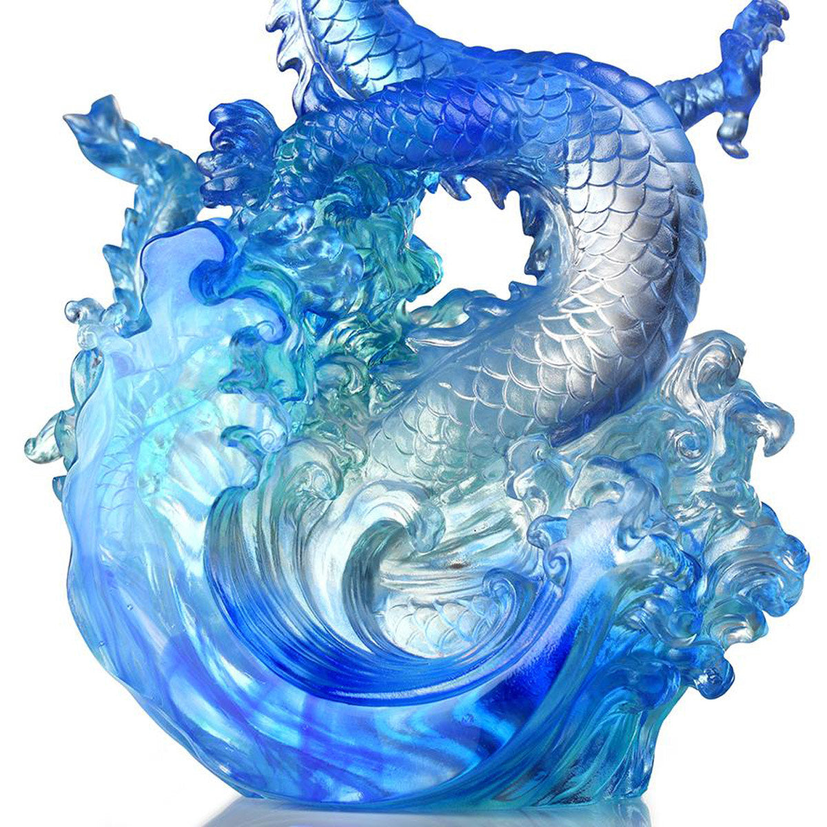 LIULI Crystal Art Crystal Dragon, Ocean Wave, Dagon of Excellence in Sapphire Blue