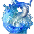 LIULI Crystal Art Crystal Dragon, Ocean Wave, Dagon of Excellence in Sapphire Blue