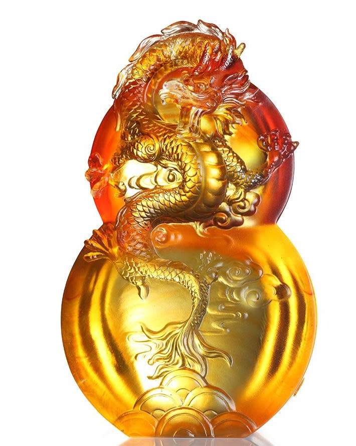 LIULI Crystal Art Crystal Flying Dragon Sculpture on Hulu Gourd, "Ambition of the Heavenly Dragon"