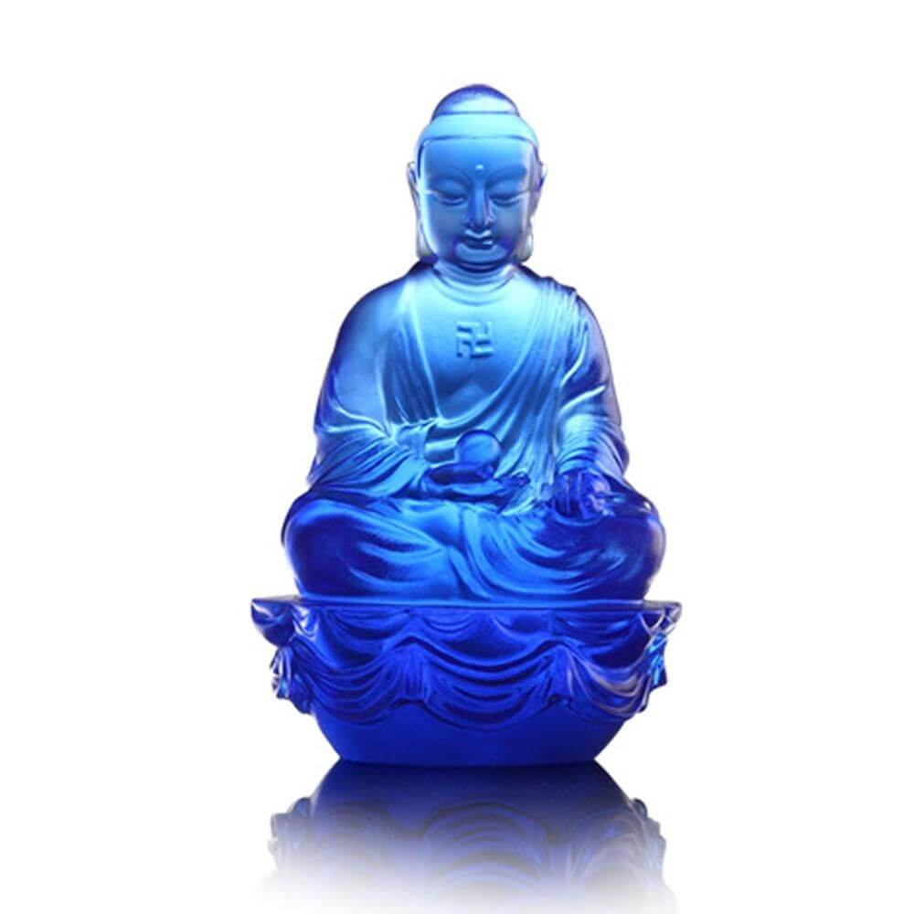 LIULI Crystal Art Crystal "Present Mindfulness" Medicine Buddha, The Guardian of Peace, Blue