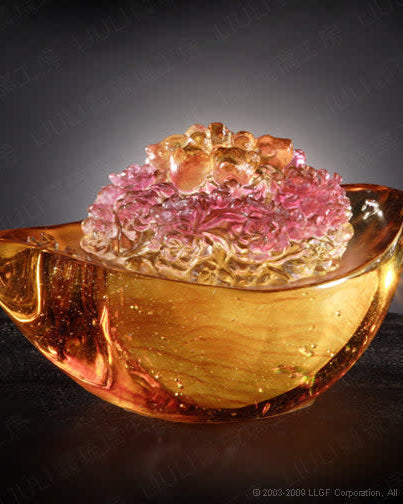 LIULI Crystal Art Crystal flower, ingot design, "Prosperity in Fives"