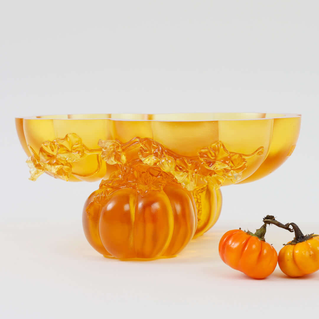 LIULI Crystal Art Crystal Bowl In Squash Shape, "Golden Gourds of Fortune"