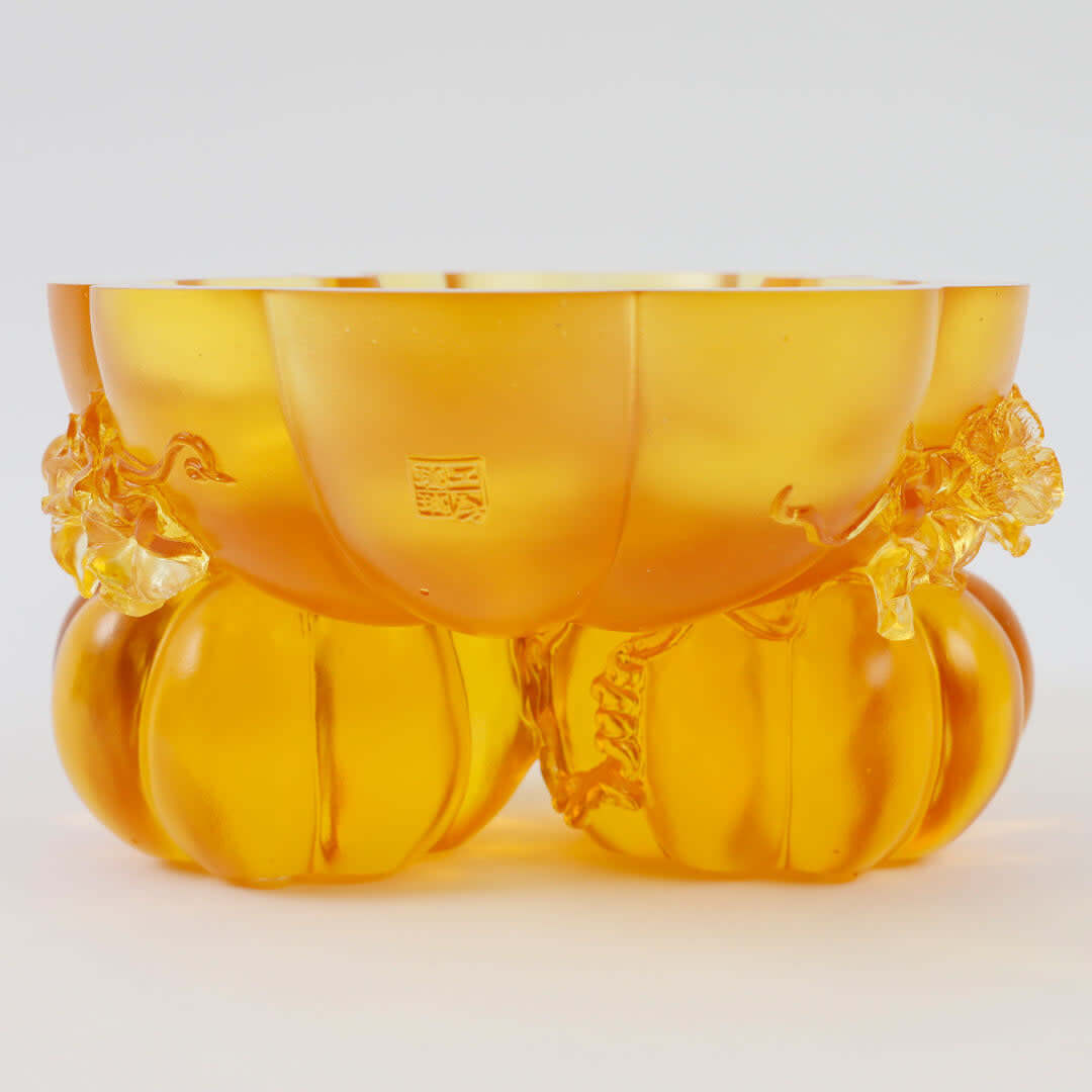 LIULI Crystal Art Crystal Bowl In Squash Shape, "Golden Gourds of Fortune"