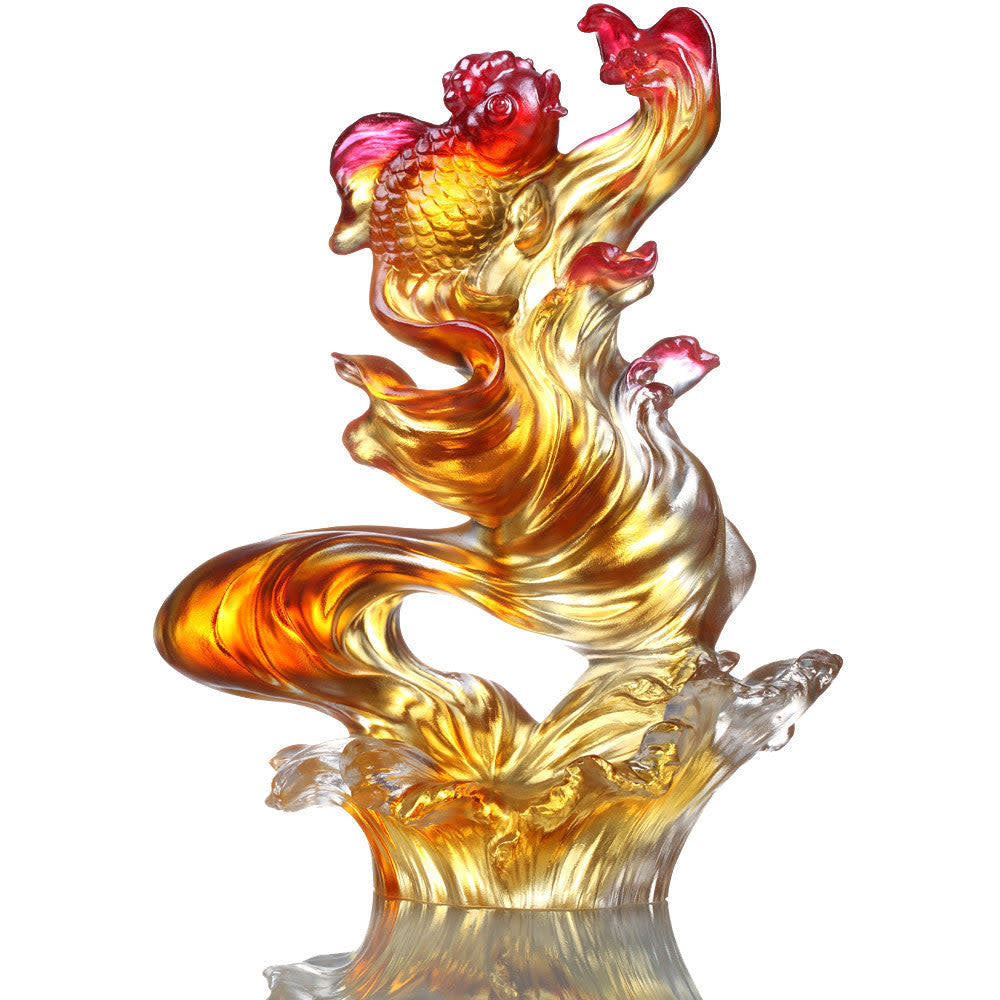 LIULI Crystal Art Crystal Fish, Goldfish, "Upstream In Song" in Amber