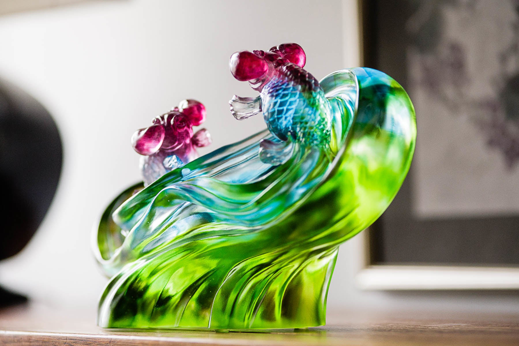 LIULI Crystal Art Crystal Gold Fish Figurine (Enjoyment) - "Echo of Joy" in Blue/Green