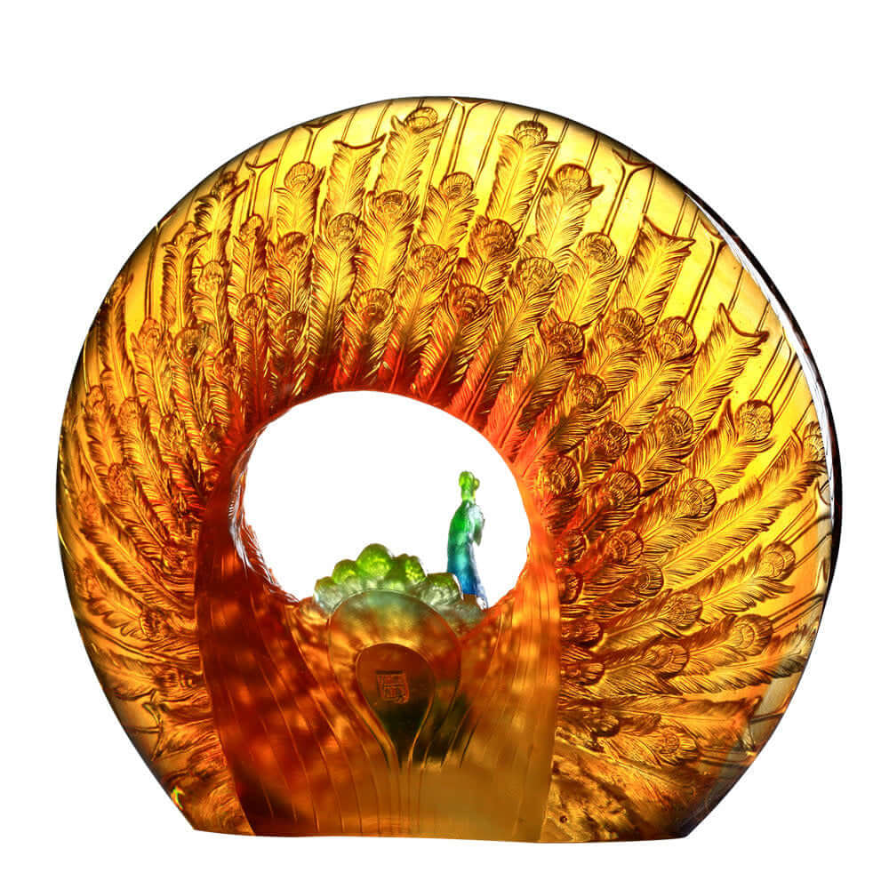 LIULI Crystal Art Crystal Bird, Peacock, "Golden Age of Opulent Beauty"