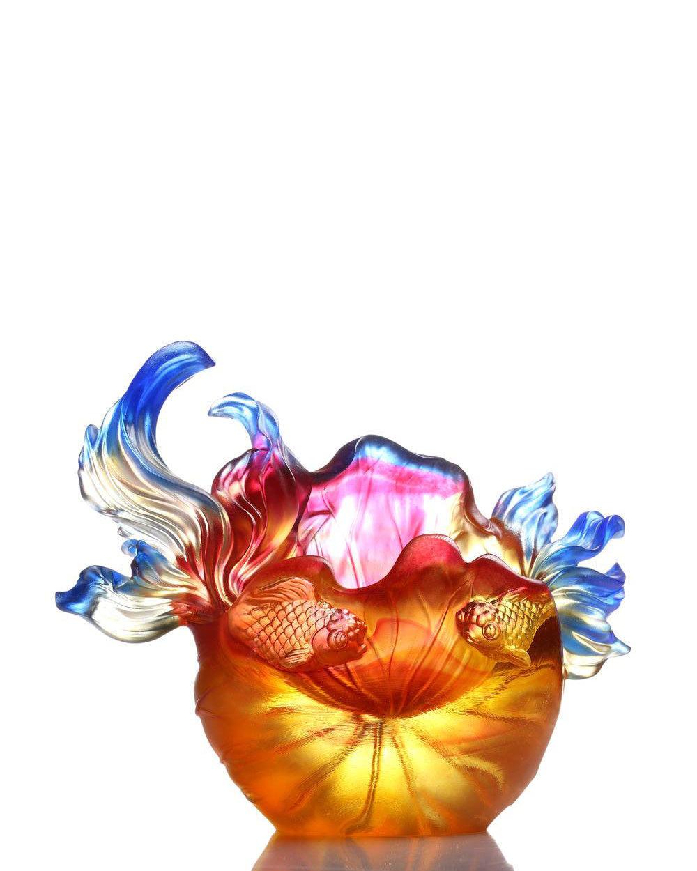 LIULI Crystal Art LIULI Crystal Fish and Lotus Leaves, "Precious Harmony" in Amber Gold Red