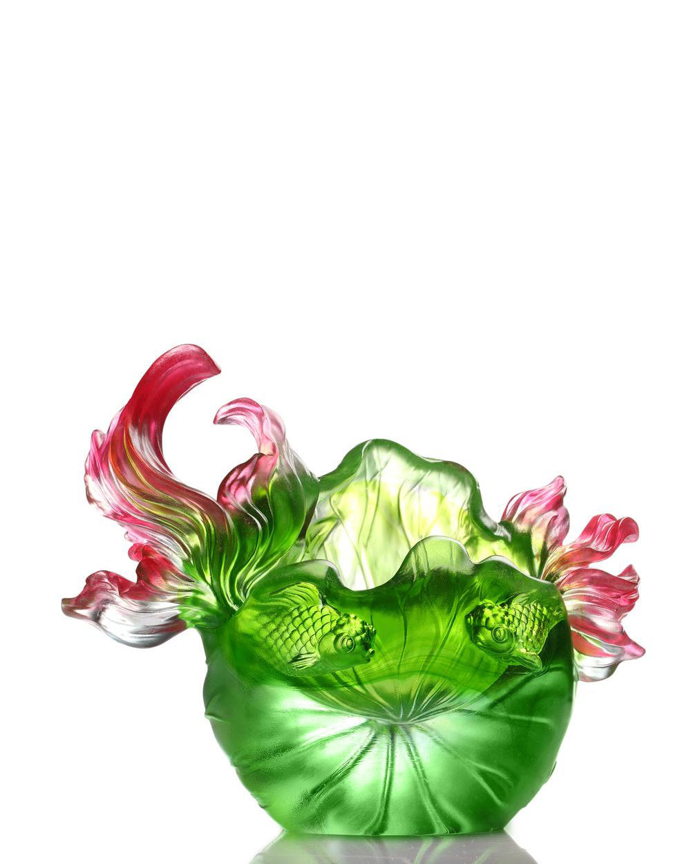 LIULI Crystal Art LIULI Crystal Fish and Lotus Leaves, "Precious Harmony" in Green