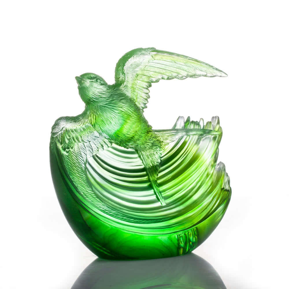 LIULI Crystal Art Aligned with the Light, I am Blessed, Crystal Green Swallow Bird Figurine