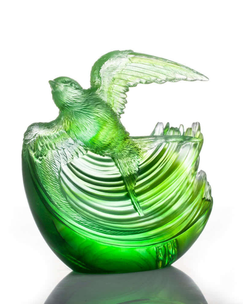 LIULI Crystal Art Aligned with the Light, I am Blessed, Crystal Green Swallow Bird Figurine