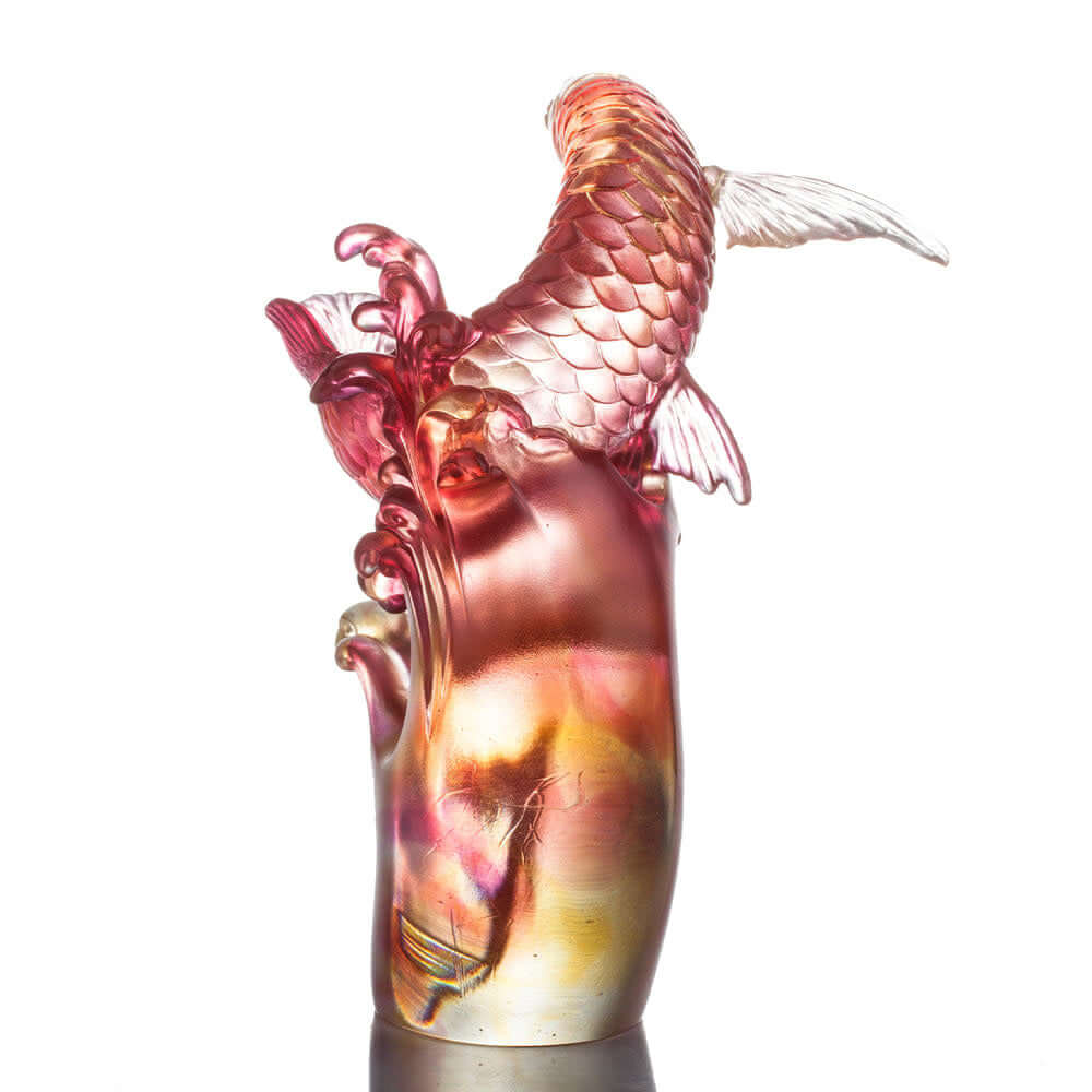 LIULI Crystal Art "Aligned with the Light, I Triumph", Crystal Amber Red Dragon Fish Figurine