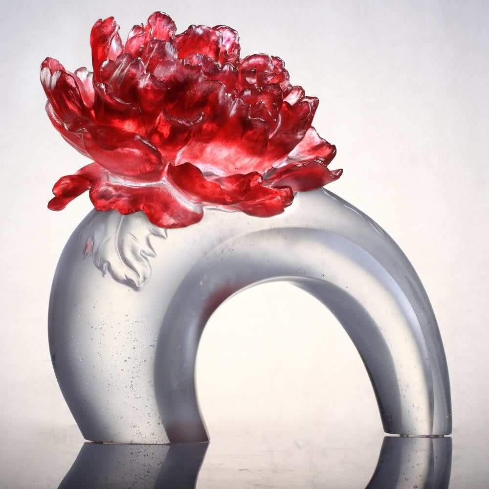 LIULI Crystal Art Crystal Flower, Peony, "Opulent Fragrance" in Gold Red