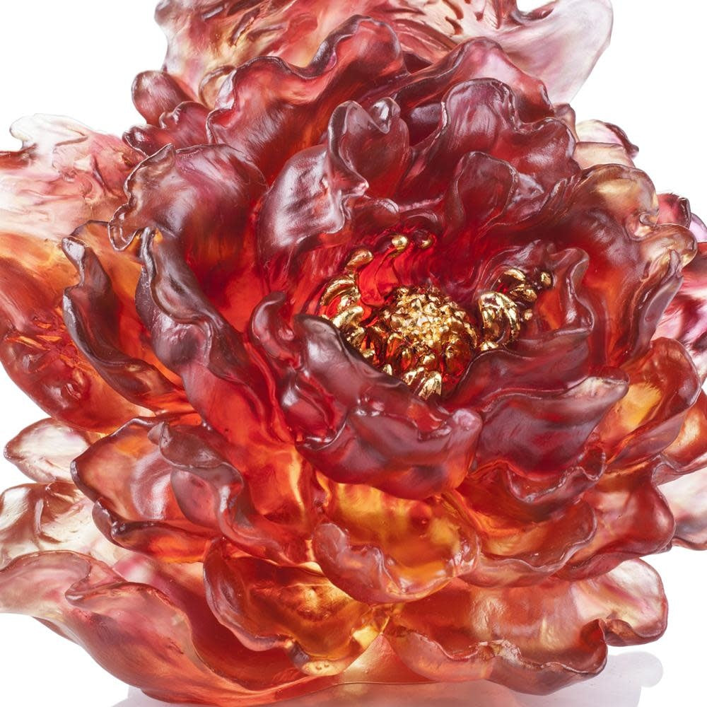 LIULI Crystal Art Crystal Flower, Peony, Meditative Flower in Red (24K Gilded, U.S. Exclusive Design)