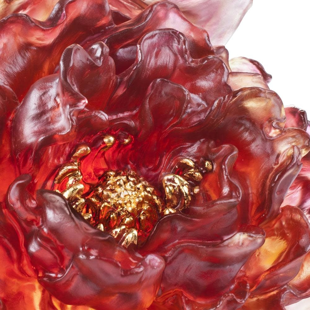 LIULI Crystal Art Crystal Flower, Peony, Meditative Flower in Red (24K Gilded, U.S. Exclusive Design)