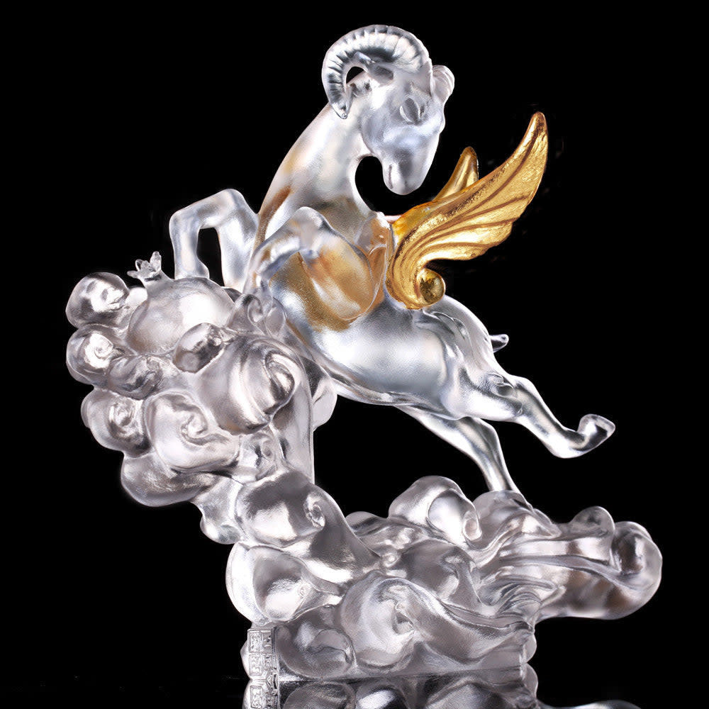 LIULI Crystal Art Crystal Sheep Figurine (Success) - "Frolicking Through the Heavens" (Gold Leaf)
