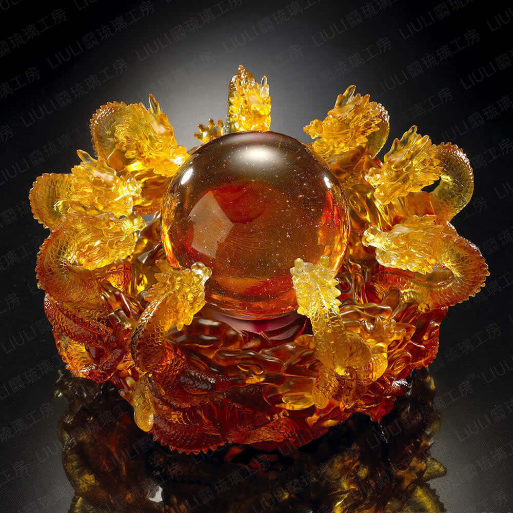 LIULI Crystal Art Crystal Dragon, "The Yin Yang Cycle of Nine Dragons"