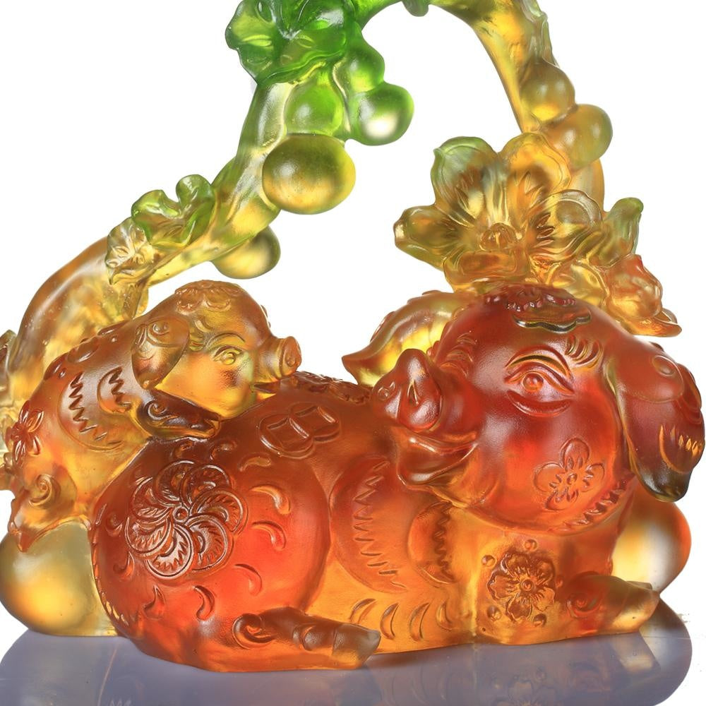 LIULI Crystal Art Crystal Pig and Butterfly, "Fulfillment" Limited Edition, Amber Green